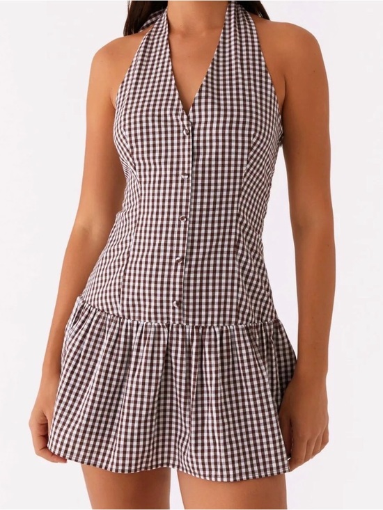 Peppermayo Dresses & Skirts - Peppermayo Brown and White Gingham Halter Mini Dress